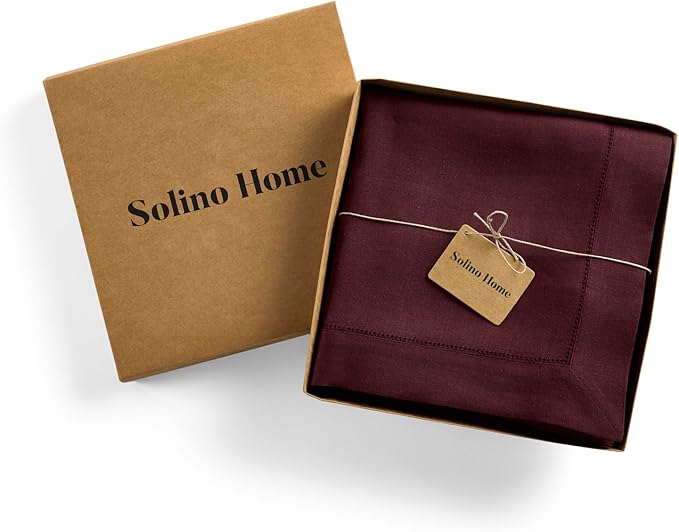 Solino Home Linen Burgundy Tablecloth 60 x 90 Inch - Classic Hemstitch, 100% Pure Linen Rectangular Tablecloth - Machine Washable Table Cloth for Valentines, Winter