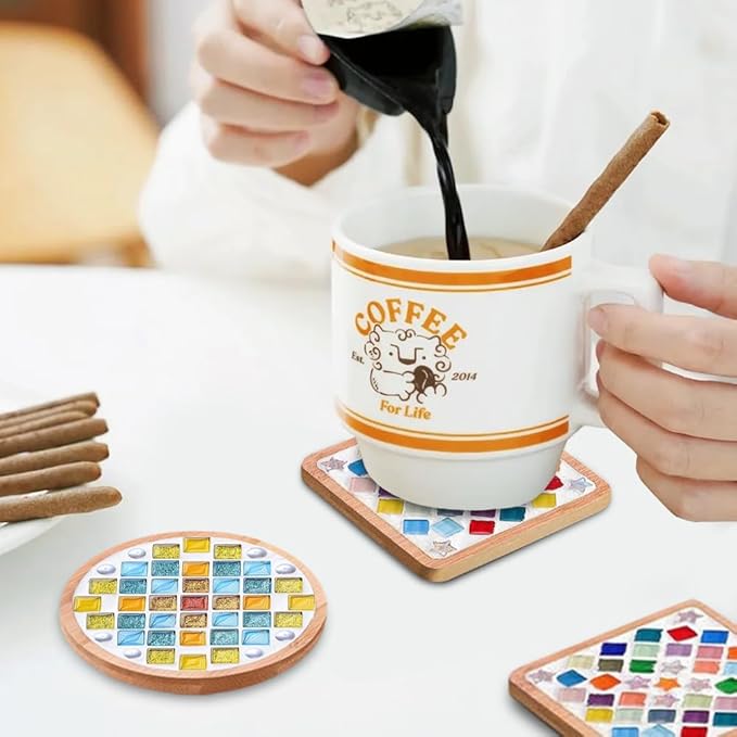 Airsnigi 10 Set DIY Mosaic Tiles for Crafts Mixed Color Mosaic Kits with Wooden Coasters Handmade Glass Coasters Crafts Set for Adult Creative Handmade Home Decoration Christmas Gift