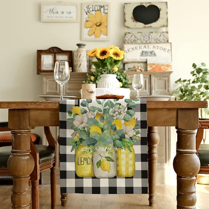 Black Buffalo Check Summer Table Runner 13 x 36 Inch, Lemon Vase Spring - Image 2