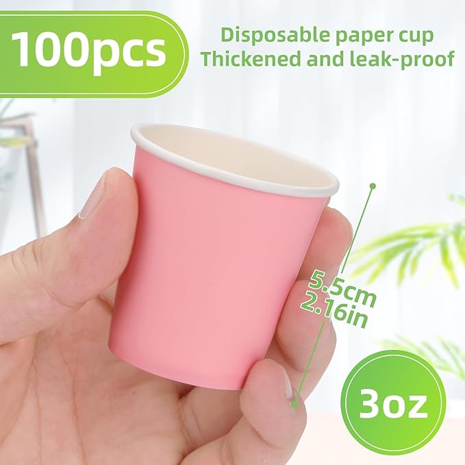 Wuadua 100 Pack 3 oz Pink Disposable Paper Cups - Sturdy and Leak-Proof for Parties, Events, Office, Home Use Disposable Mouthwash Cups - Ideal for Hot/Cold Drinks, Smooth Rim Design, Eco-Friendly