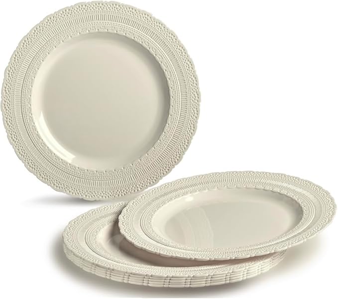 " OCCASIONS " 320pcs set (40 Guests)-Extra Heavyweight Vintage Wedding Disposable/Reusable Plastic Plates 40 x 11'' + 40 x 8.25''+Silverware+Cups+Napkins (Chateau Collection Ivory)