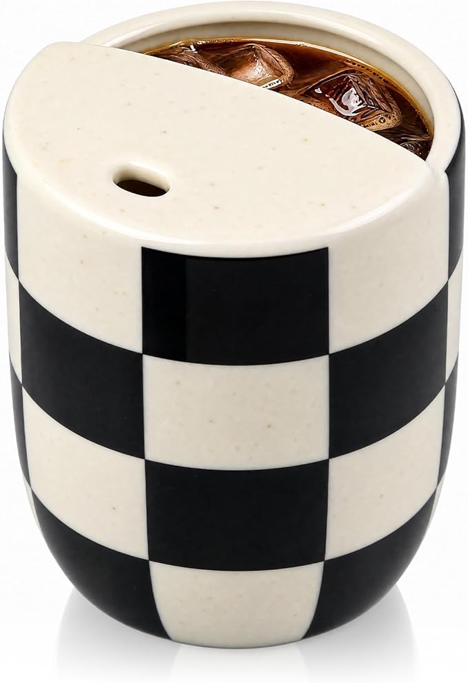Ceramic Mug with Sip Hole 10 oz Novelty Checkered Coffee Mug | Hand Painted by Ferrochef