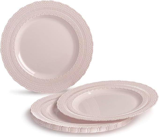 " OCCASIONS " 640pcs set (80 Guests)-Extra Heavyweight Vintage Wedding Disposable/Reusable Plastic Plates (80 x 11'' + 80 x 8.25'')+Silverware+Cups+Napkins (Chateau in Pink Blush)