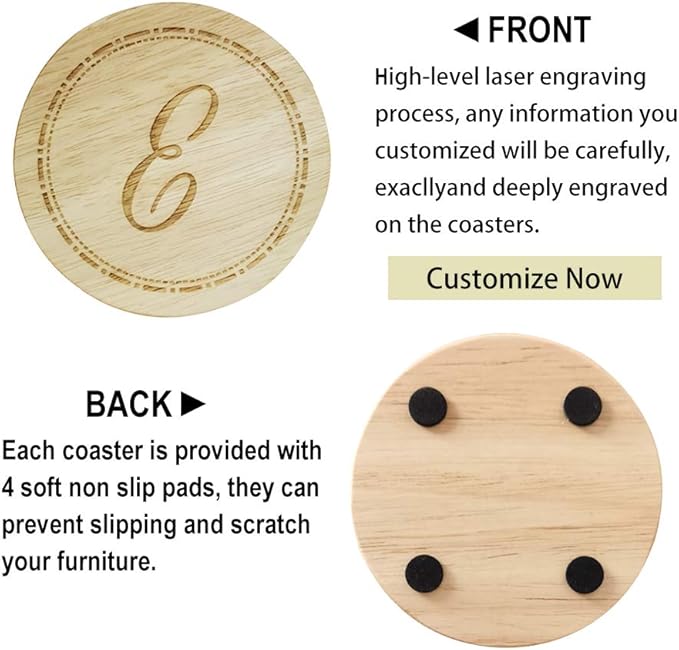 Personalized Wooden Coasters, Custom Engraved Monogram Coasters, Great Gifts for Relatives, Friends or Yourself (E, Set of 4)