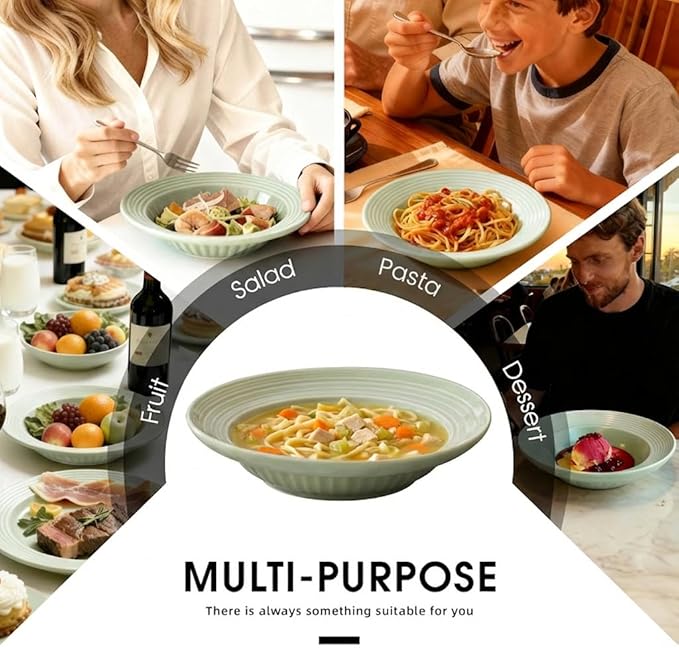 Wide Rim Soup Bowls, 11oz Small Capacity Rimmed Pasta Bowls Set of 4, 8 Inch Ceramic Salad Bowl, Shallow Plates, Elegant Dinner Cereal Serving - Microwave Dishwasher Oven Safe - Green