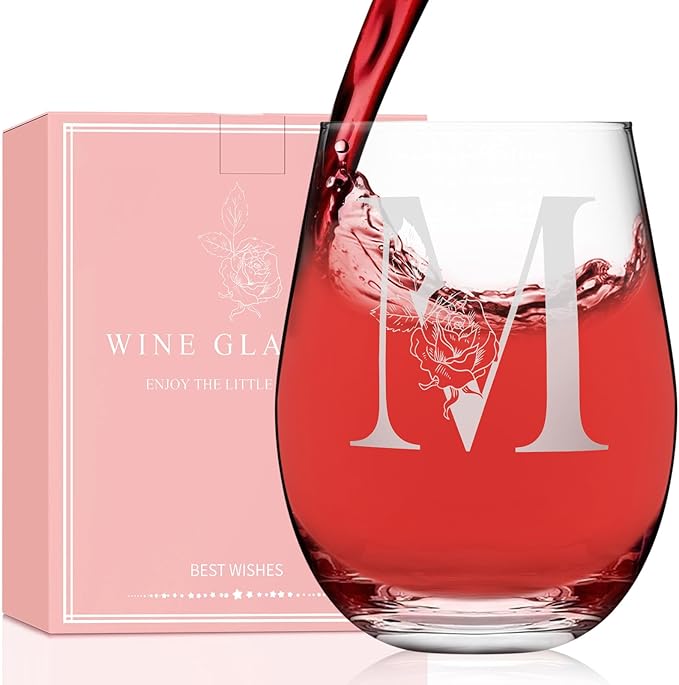 Valentines Day Gifts for Her, Gifts for Women Her Friend Mom Grandma Wife Sister Bridesmaid Nurse, Birthday Galentines Mothers Day Christmas, Personalized Initial Customized Wine Glasses 18OZ(M)