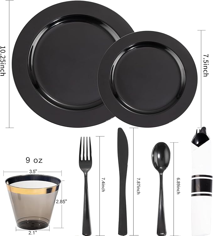 EI 350pcs Black Plastic Plates Disposable Heavy Duty Plastic Dinnerware Set Pre Silverware and Napkins Set Black and Gold Cups for Party Suit for Party,Wedding,Afternoon Tea,Spring,Valentine's Day