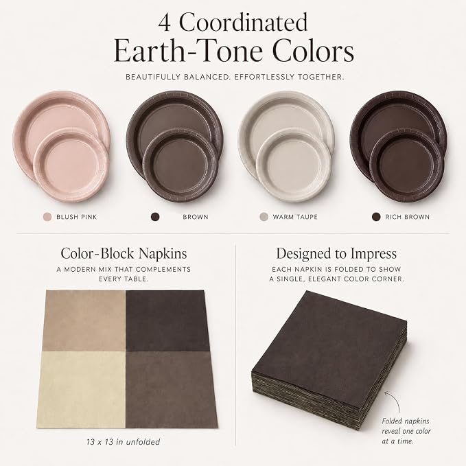 Beige Brown Paper Plates and Napkins Set, Earth Tone Gradient Party Plates - Image 3