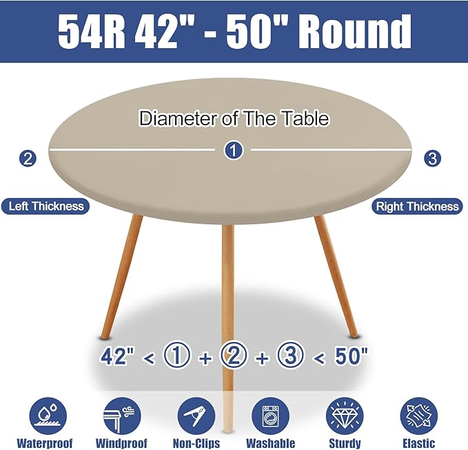 Round Spandex Tablecloth, Elastic Fitted Waterproof Tablecloths for 42"-50" Tables, Stretch Washable Picnic Table Cover for Camping, Dining, Indoor and Outdoor, Taupe