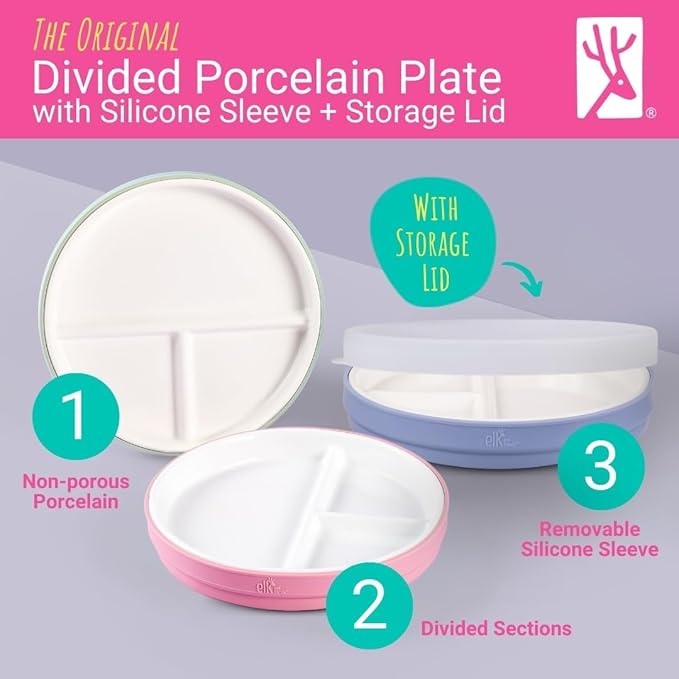 Elk and Friends Kids 6.7” Porcelain Divided Plates with Silicone Sleeves + Silicone Lids | Suitable for Babies/Kids/Toddlers | Microwave & Dishwasher Safe | Non Slip | Snack Dishes