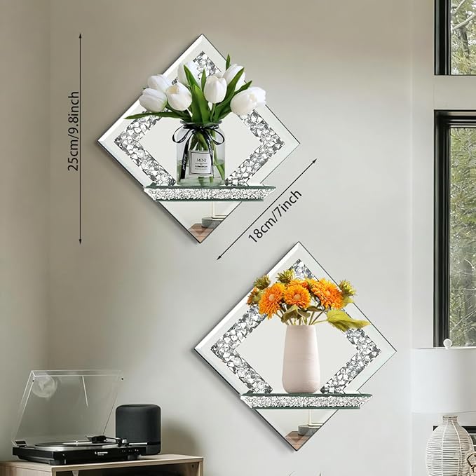 Pibeyer Mirrored Candle Sconces with Acrylic Diamond, Crushed Diamond Wall Candle Holders, Home Décor
