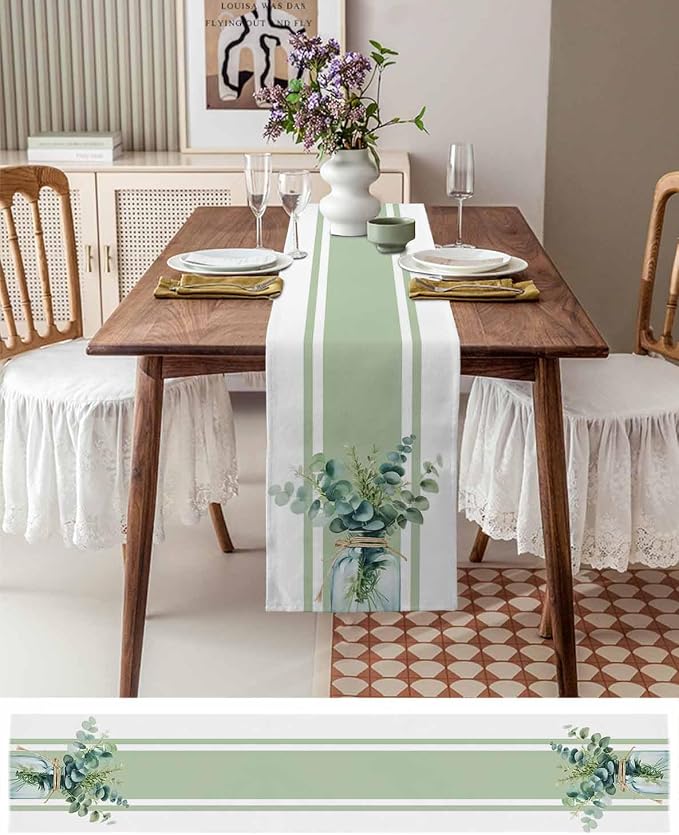 Sage Green Eucalyptus Leaves Table Runners 36 Inches Long, Farmhouse Stripe - Image 6