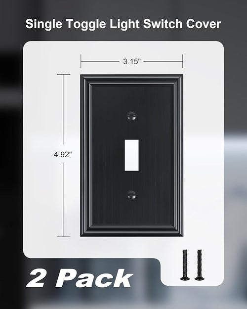 2-Pack Single Toggle Light Switch Cover Plate, Durable Solid Zinc Alloy Decorative Switch Plate Covers, Black 1 Gang Wall Plate, Corrosion Resistant