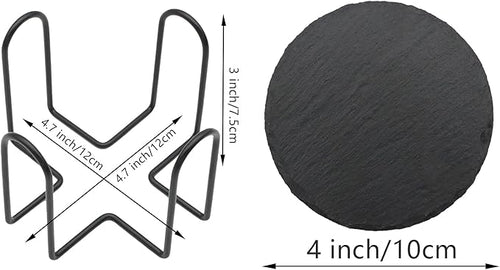 12 Pack Slate Drink Coasters with Metal Holder, VIBRATITE 4 Inch Black Slate Stone Coasters Bulk Laser Engraving Blanks with Anti-Scratch Bottom for Drink Coffee Bar Kitchen Home Decor, Round