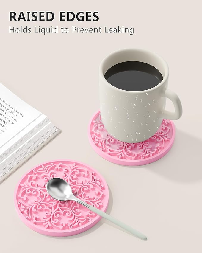 Drink Coasters, Coasters Set of 6 for Cup with Holder, Non-Slip Silicone Cup Mats for Hot and Cold Drinks, Cute Absorbent Coffee Bar Accessories Table Decor, Pink