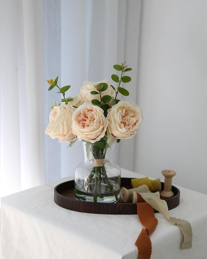 Lifelike Artificial Champagne Roses in Vase - Eternal Table Centerpiece for Dining Room & Kitchen Decor - Faux Flower Arrangement with Realistic Petals