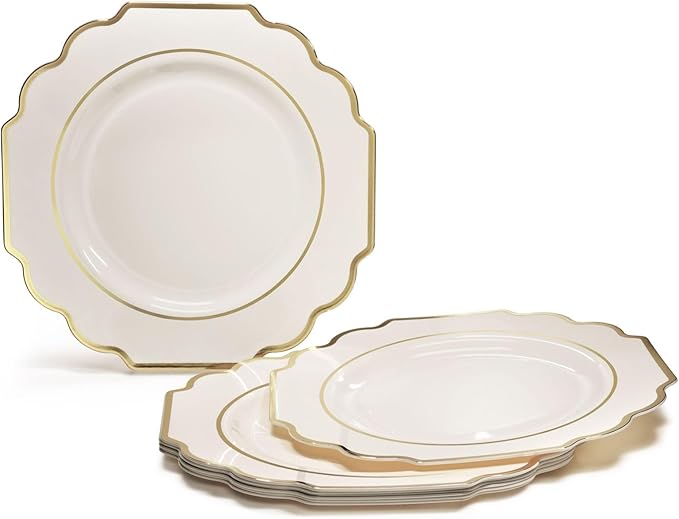 " OCCASIONS " 120 Plates Pack,(60 Guests) Heavyweight Wedding Party Disposable Plastic Plates Set -60 x 10.5'' Dinner + 60 x 8'' Salad/Dessert Plate (Imperial Ivory & Gold)