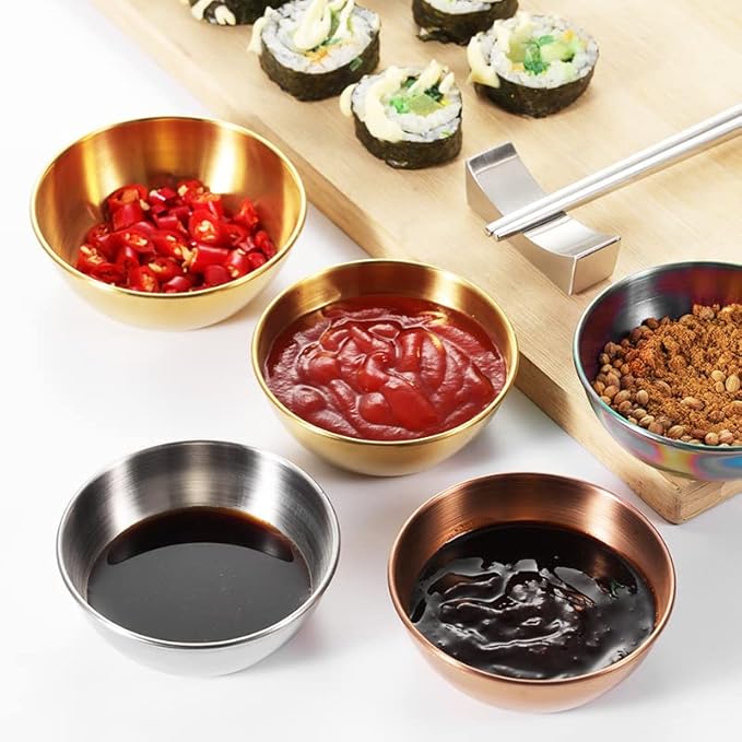 12 Pack Stainless Steel Sauce Dishes, Rose Gold Mini Saucers Bowl Round Seasoning Dishes Sushi Dipping Bowl Appetizer Plates, 3.15inch