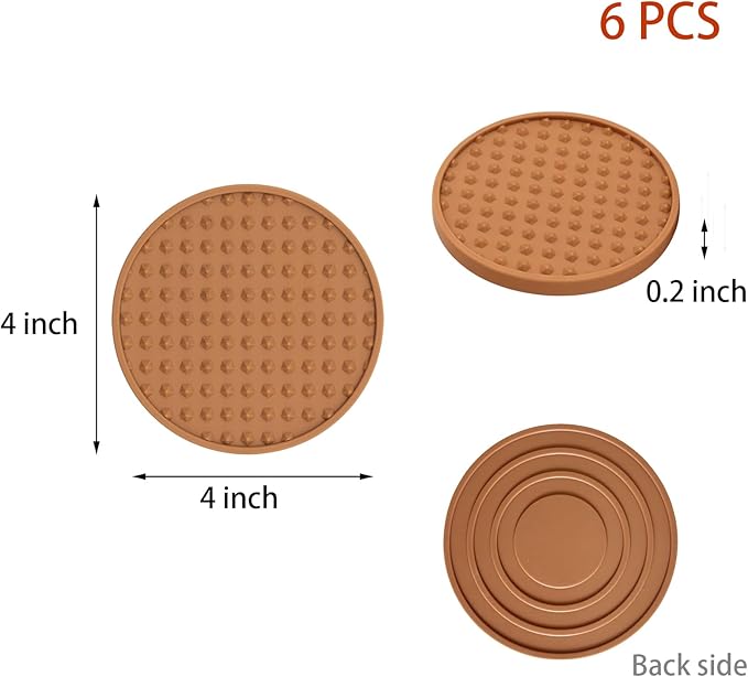 Set of 6 Silicone Coasters, 4'' Drink Coaster with Holder, Round Coasters for Drinks Beer Coffee Home Office Bar Desk Tabletop Protection, Non-Slip Rubber Coaster (Tawny, 6 Pcs-Metal Holder)