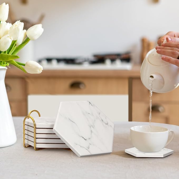 White Marble Coasters Set of 6 Hexagon Absorbent Ceramic Coasters - Image 7