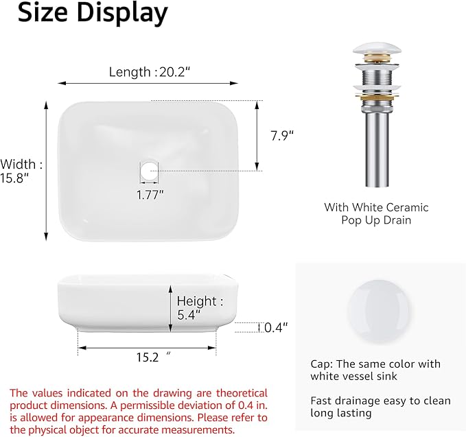 ELLAI Bathroom Vessel Sink Rectangle Above Counter Porcelain Ceramic Top Mount Rectanglar Countertop Sink for Bathroom 19.7"x15.2"x5.4" Glossy White with Pop Up Drain