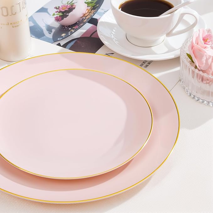 Nervure 100PCS Pink and Gold Plastic Plates - 10.25 inch Pink Disposable Plates with Gold Rim - Party Plate - Dinner Plate Ideal for Wedding & Party