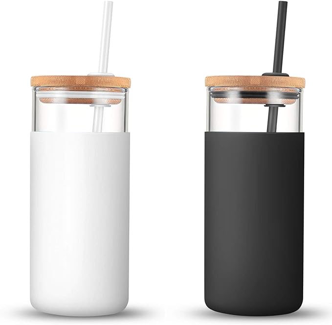 Tronco 20 oz Glass Tumbler with Lid and Straw, Iced Coffee Cup and Smoothie Cup with Bamboo Lids & Protective Silicone Sleeve, Dishwasher Safe, BPA-Free, Glass Cup 2 Pack