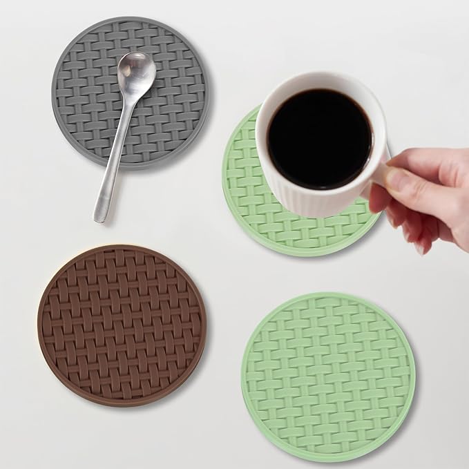 Green Silicone Coasters Set of 6 with Holder, 4 Inch Round Non-Slip Heat Resistant Waterproof Coaster, Decorative Cup Mats for Coffee Table, Home, Kitchen, Office, Bar