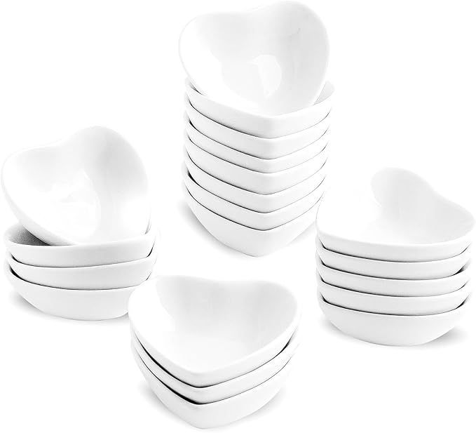 UIBFCWN 20 Pack Soy Sauce Dishes, White Heart Shaped Dip Bowls, Individual Dip Sauce Bowls, Small Serving Bowls for Side Dishes, Ketchup, Valentine's Day Wedding Party - 1oz