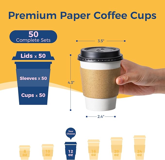 Fit Meal Prep 50 Pack 12 oz Disposable Coffee Cups with Lids, Sleeves, Leak-Proof To Go Coffee Cups with Lids, Durable Paper Cups for Hot Beverage, Home, Office, Party