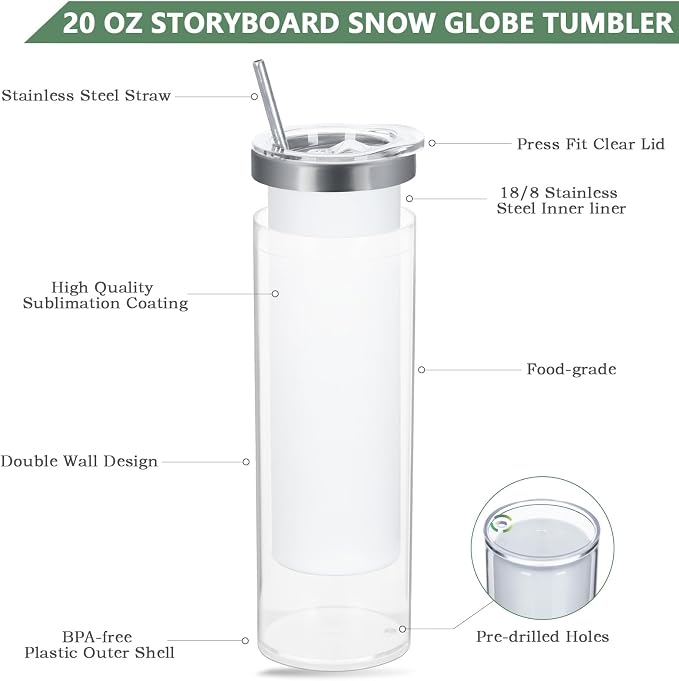 20 Oz 8 Pack Double Wall Pre Drilled Sublimation Storyboard Snow Globe Tumbler - Image 3