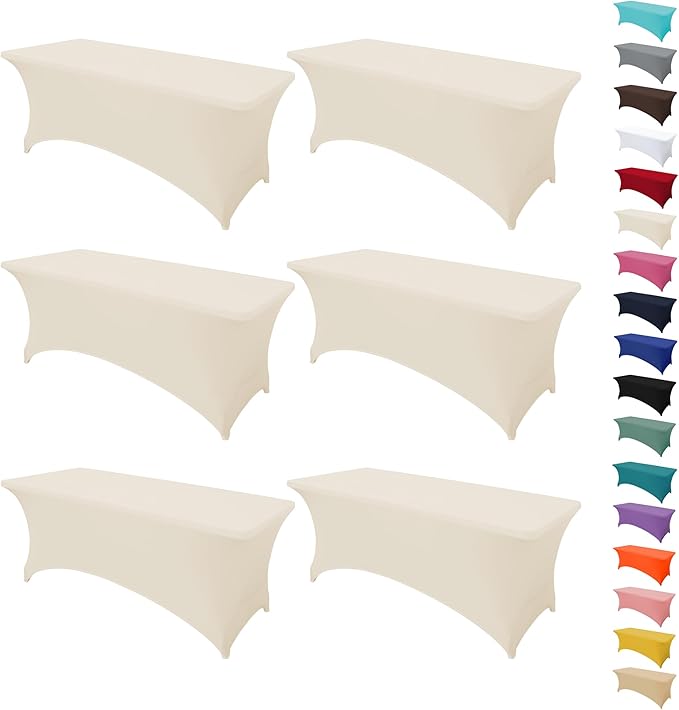 6Pack 6FT Table Cloth for Rectangular Fitted Events Stretch Cream Table Covers Washable Spandex Tablecloth Protector for Party, Wedding, Cocktail, Banquet, Festival