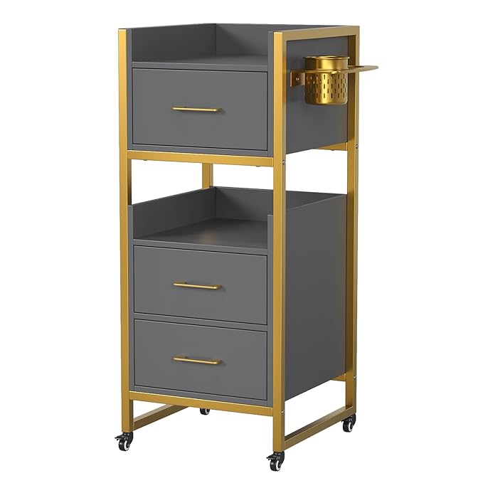 OmySalon Salon Trolley Cart, Hair Styling Station with 3 Drawers, 2 Open Shelf & Tool Holders, Mobile Barber Storage Cabinet Utility Trolley for Beauty Salon Spa, Gery