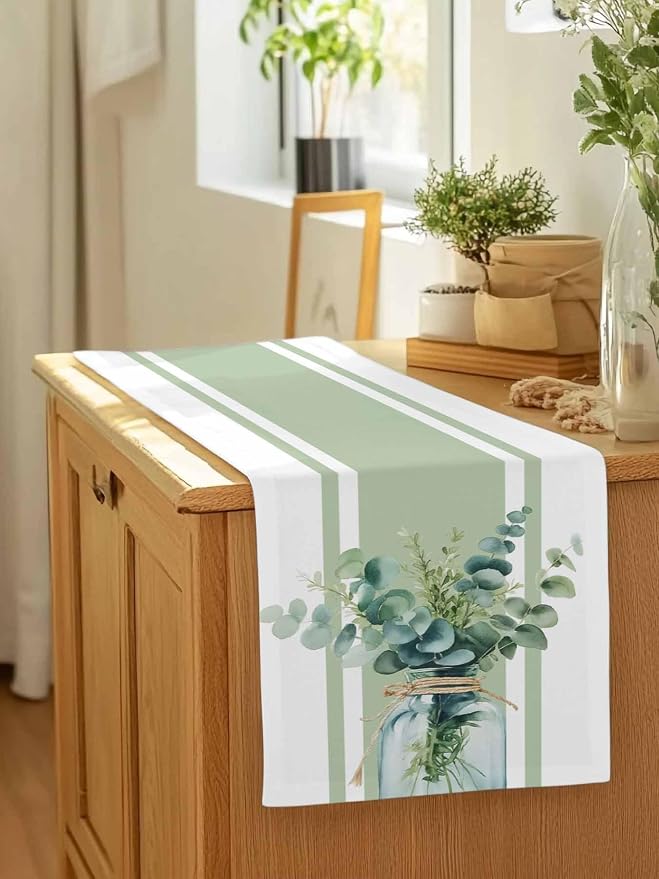 Sage Green Eucalyptus Leaves Table Runners 70 Inches Long, Farmhouse Stripe - Image 7