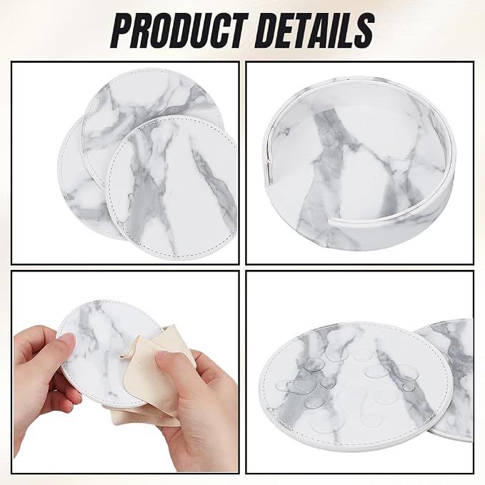 6PCS White Marble Non Slip PU Leather Coasters - Image 5