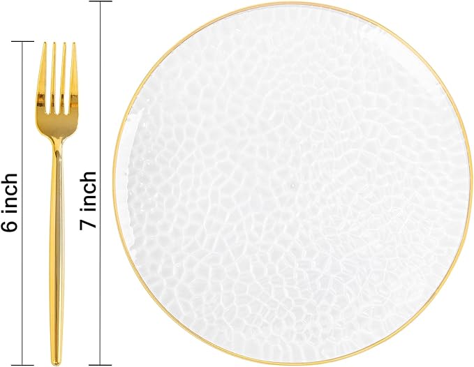 DaYammi 240Pcs Gold Plastic Plates Including 120Pcs Dessert Plates and 120Pcs Cake Forks,Hammered Party Plate,Clear Gold Appetizer plates Heavy duty Disposable Plastic Plate for Party Wedding Birthday
