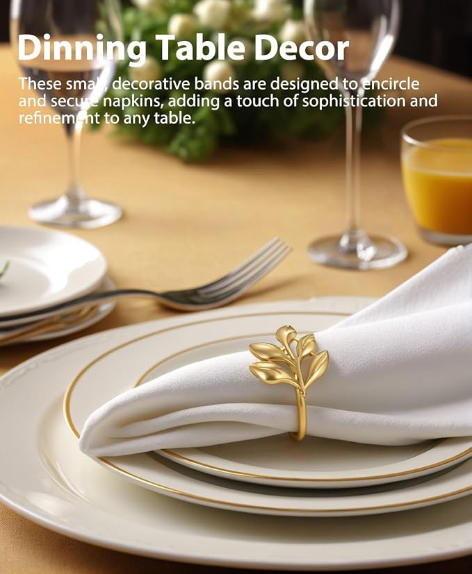 Leaf Napkin Ring Holder Set of 12 Gold Metal | Dining Table Decor, Wedding - Image 2