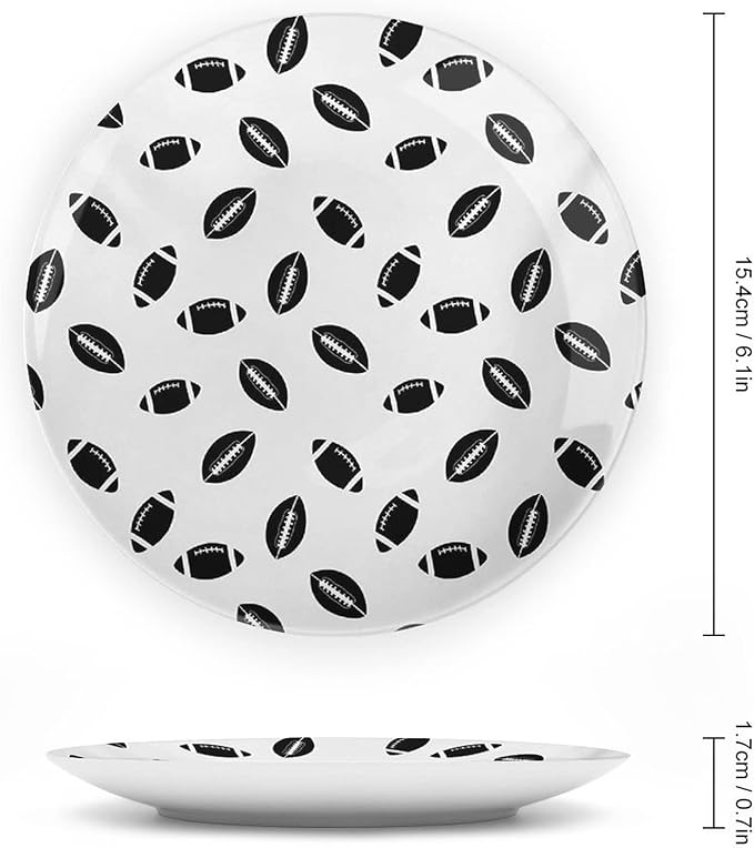 Ceramic Display Plate, American Football Ceramic Hanging Decorative Plate, Monochrome Pattern Black Rugby Balls Sports, 7 Inch, Living Room Kitchen Decoration Household, Black White
