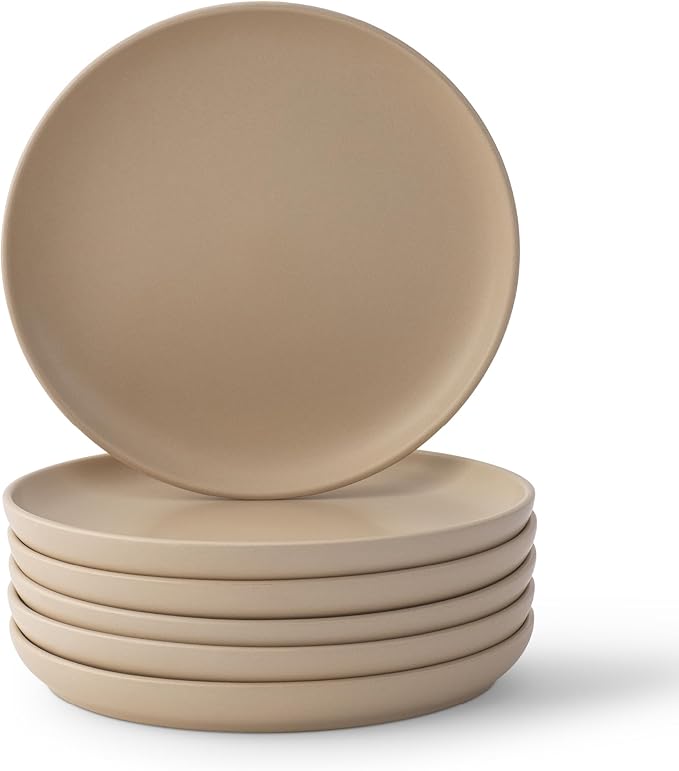 JoyJolt Mesa Stoneware Salad Plates, 8" Round Lunch Plates, Dishwasher and Microwave Safe Plate Set of 6, Modern Rustic Dinnerware, Appetizer Dessert or Dinner Sides Kitchen Dishes - Matte Beige