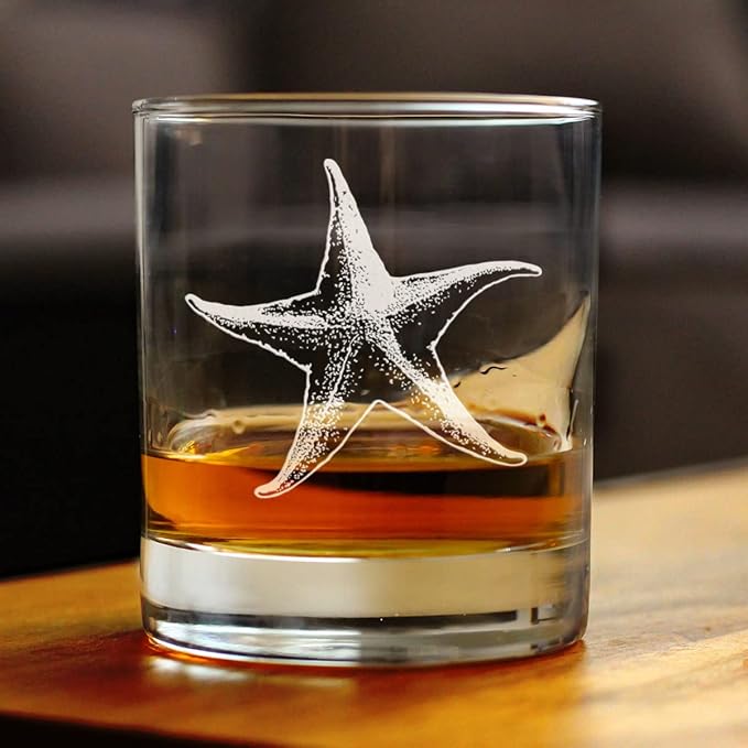Bevvee Starfish Rocks Glass - Beach Themed Decor and Decorative Ocean Glassware Gifts for Women and Men - 10.25 Oz Glasses