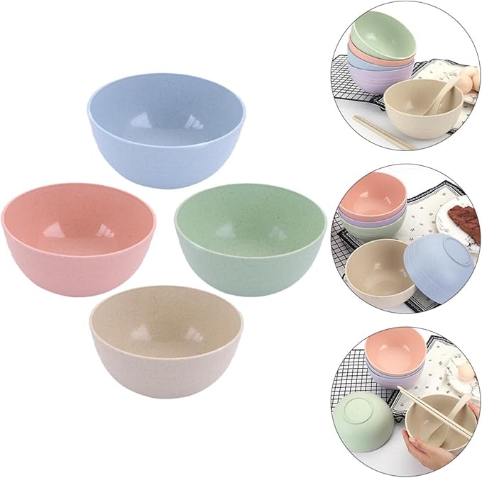 4 Pcs Large Capacity Wheat Straw Salad Mixing Bowls Food Serving Bowls for Fruit Noodles and Salads Lightweight Smooth Finish Heat-resistant and Easy to Clean Random Color