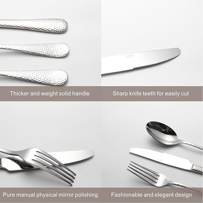 20-Piece Forged Hammered Stainless Steel Flatware Cutlery Set for 4, SXY INOX Shape of Water Drop Includes Dinner Knives/Forks/Spoons,Tea Spoons, Salad Forks, Mirror Polished - Dishwasher Safe