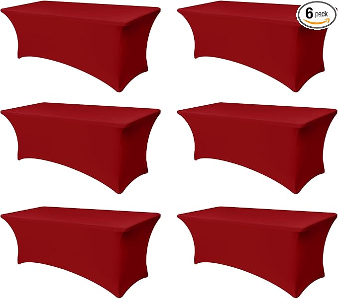Spandex Table Cloths for 8 Foot Rectangle Tables-6 Pack Fitted Stretch Red Table Covers-Elastic Christmas Tablecloths for Party, Vendor Booth Display, Banquet Buffet Event, Craft Trade Show