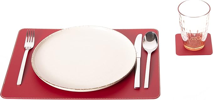 Nikalaz Set of 4 Placemats and 4 Coasters Made of Recycled Leather (15.75''x11.81'', Red)