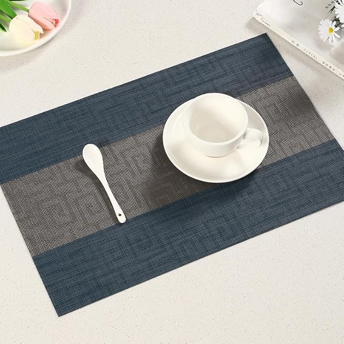 FAVE Placemats Set of 8 Indigo Blue Woven with Gray Placemats Durable and Wipeable Vinyl Placemats Heat Resistant Table Mats Set of 8 for Wedding, Banquet, Birthday, Party, Restaurant (Indigo Blue)