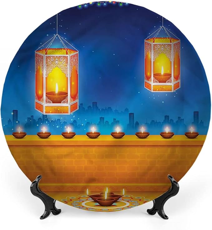 Ceramic Display Plate, Diwali Ceramic Hanging Decorative Plate, Diwali Night Candles, 10 Inch, Living Room Kitchen Decoration Household, Multicolor