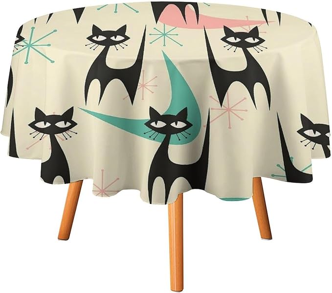 Mid Century Colorful Modern Cat Round Tablecloth, Medieval Bohemian Abstract Animal Tablecloth for Home Party Dining Room Kitchen Decor 70Inch(178cm)