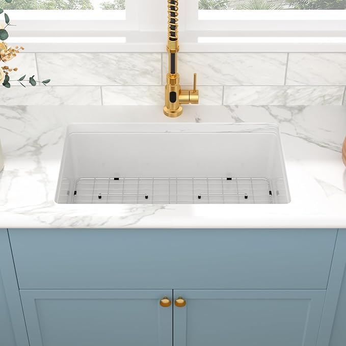 Sarlai 32 Inch White Undermount Sink Fireclay 32x19 Inch White Kitchen Sink Dual Drop in & Undermount Kitchen Sink Single Bowl Deep Porcelain Ceramic Sink