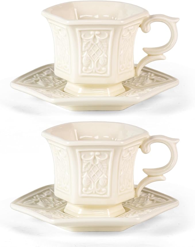 KAMMAK Tea Cups and Saucers Set of 2, 6 oz Porcelain Coffee Cups, SY003 | by KAMMAK