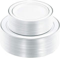 WDF 120PCS Plastic Plates White Silver Rim - Disposable Plates including 60PCS for Dinner 10.25inch, 60 Salad/Dessert Plates 7.5inch Heavy Duty Wedding Party Birthday